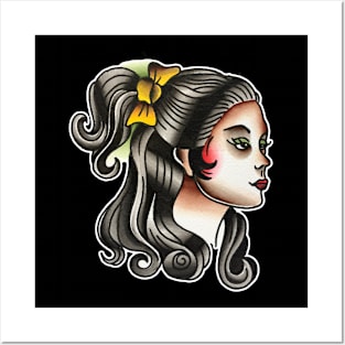 Pony Tail Lady Face Tattoo Design Posters and Art